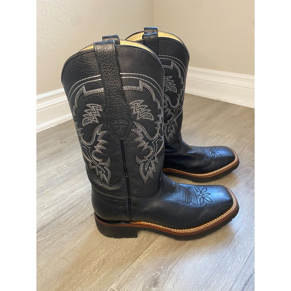 Los Altos Mens Cowboy Boots Black Leather Western Square Toe Rubber Sole 8.5 EE